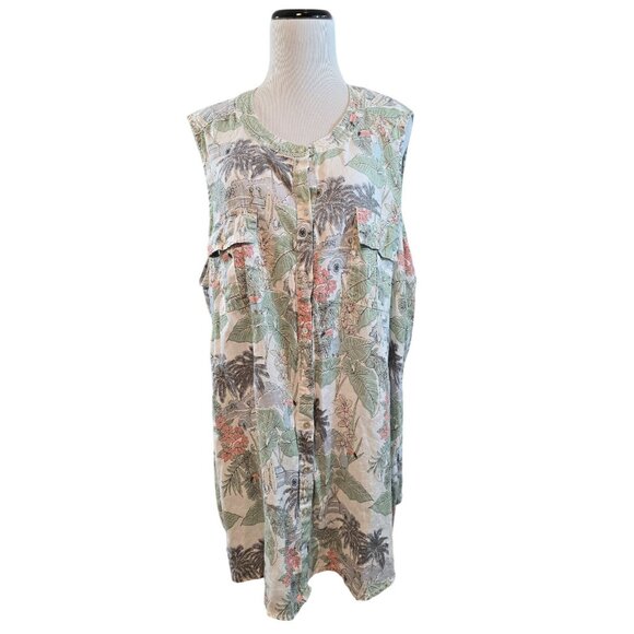 C&C California Womens Tropical Print Sleeveless Linen Button-Down dress Size 3X - Picture 1 of 13
